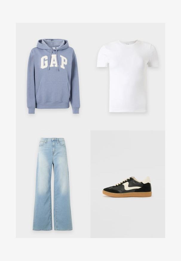 Sudadera con capucha azul claro con bolsillo frontal y logo blanco "GAP" en el pecho, que presenta capucha con cordón y puños y dobladillo acanalados.; Camiseta blanca lisa de manga corta con cuello redondo mostrada sobre un fondo gris claro.; Jeans de pierna ancha azul claro con cintura alta, botones frontales y bolsillos, mostrados sobre un fondo blanco.; Zapatillas de deporte de ante y cuero negro con un swoosh lateral en crema y un talón en crema claro. Presenta cordones beige y una suela de goma marrón.