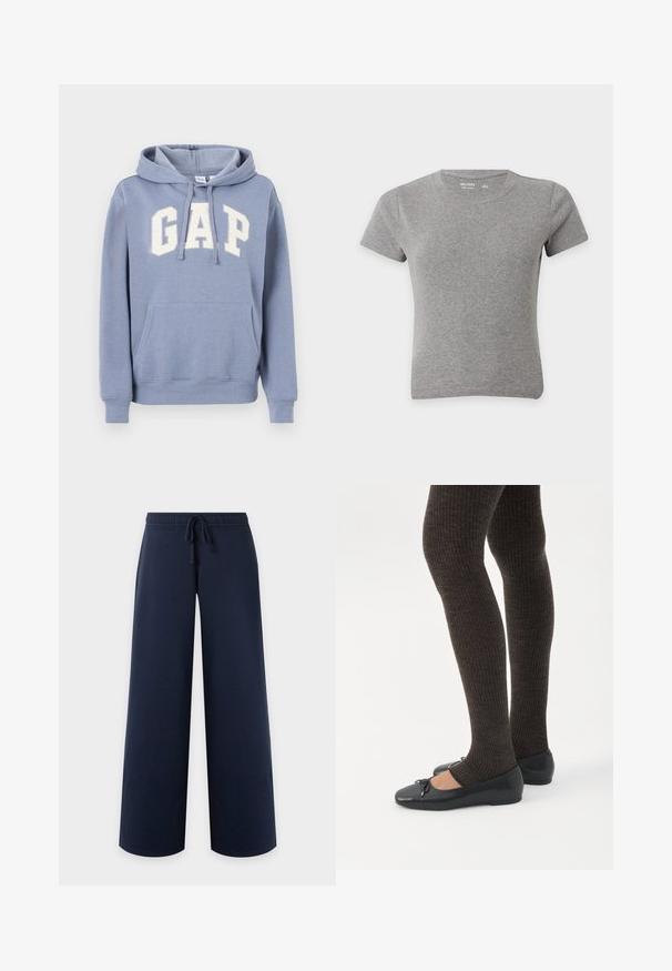 Sweat à capuche bleu clair avec poche avant et logo blanc "GAP" sur la poitrine, doté d'une capuche à cordon et de poignets et ourlet côtelés.; T-shirt gris uni à manches courtes et col rond en coton, présenté à plat sur fond blanc.; Pantalon bleu marine à jambe large, taille élastique et cordon, vu de face sur fond uni clair.; Jambes portant des leggings côtelés foncés associés à des ballerines noires avec de petits détails en nœud sur fond blanc.