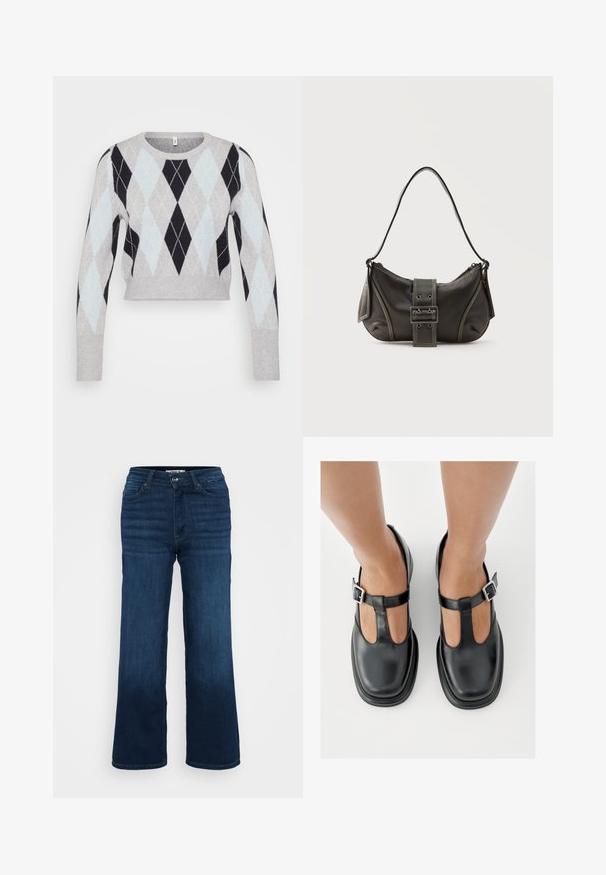 Pull court gris clair avec un motif argyle noir et bleu clair. Présente des manches longues et un col rond classique. Texture douce.; ONLY Petite ONLMADISON BLUSH WIDE - Wide Leg - dark blue denim; Chaussures en cuir noir avec un design à bride en T, bout fermé et accents de boucles argentées. Texture lisse avec un bout arrondi et une semelle plate.; Sac à épaule en cuir noir avec une sangle à boucle, des bords arrondis et des coutures blanches contrastées sur un fond uni.