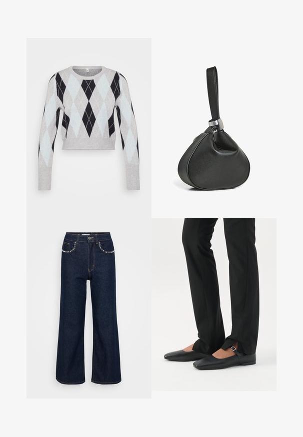Pull court gris clair avec un motif argyle noir et bleu clair. Présente des manches longues et un col rond classique. Texture douce.; Jean large bleu foncé en denim, avec taille haute, deux poches avant ornées de coutures décoratives et une fermeture à un bouton.; Jambes vêtues d’un pantalon slim noir avec des fentes à l’avant de l’ourlet, assorties à des chaussures plates Mary Jane noires avec une petite bride à boucle.; Sac bracelet en cuir noir avec une forme triangulaire douce et une large sangle attachée par une boucle en métal argenté.