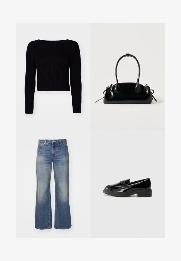 Pull en tricot noir à manches longues avec une texture côtelée et une encolure large ; longueur cropped avec des détails de couture subtils sur les manches.; Jean en denim bleu clair avec un design à jambes larges, présentant un délavage, cinq poches et un zip à bouton. Surpiqûres détaillées le long des coutures.; Mocassins en cuir verni noir avec une semelle en caoutchouc noir épaisse, présentant un empeigne cousue et une surface lisse et brillante.; Petit sac à main noir brillant avec deux longues anses et des détails à cordon sur les côtés sur un fond clair uni.