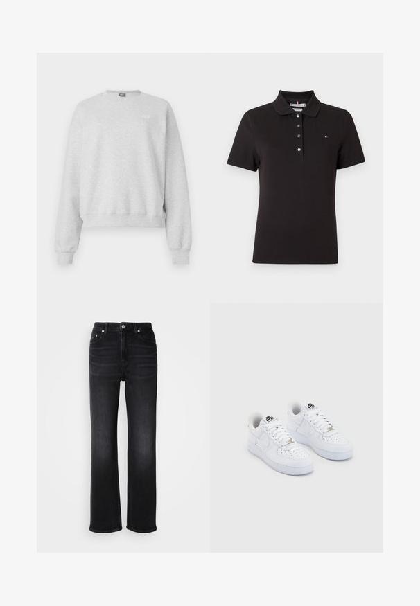 Hallhalli hall sweatshirt pehmest puuvillaseguses, ümmarguse kaelusega, pika varrukaga ja ribaga ääristusega. Ees väike logo detail.; Must musta polo särk, millel on klassikaline krae, lühikesed varrukad ja kolme nupuga esikinnis. Rinnal on väike logo.; Mustad denim püksid sirge säärega disainiga. Omavad kõrget taljet, viit taskut ja metallist nööbi sulgemist. Õrnalt fadeeritud tekstuur.; Valged Nike Air Force 1 sneakerid siledast nahast pealispinnaga, perforeeritud varbaosas, valged paelad ja must trükk keelel.