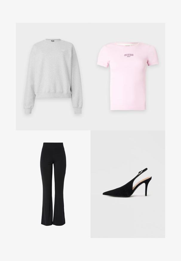 Hallhalli hall sweatshirt pehmest puuvillaseguses, ümmarguse kaelusega, pika varrukaga ja ribaga ääristusega. Ees väike logo detail.; Hele roosa soonikkoes T-särk lühikeste varrukate ja ümar kaelusega. Esiküljel on tikitud "GUESS Jeans" logo.; Mustad kõrge vöökohaga venivad püksid, millel on veidi laienev sääreosa ja sile, õmblusteta disain valgel taustal.; Mustast seemisnahast slingback-kontsakingad terava varba ja peene kõrge kontsaga valgel taustal.