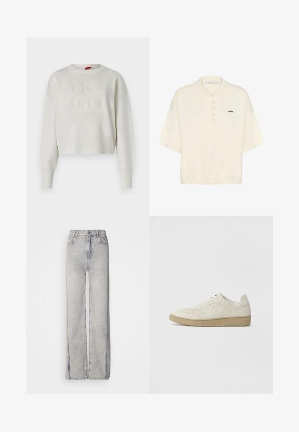 Sweatshirt court crème avec un design en tricot texturé, des poignets et un ourlet côtelés, et un logo "HUGO" en relief au centre.; Polo en maille crème à manches courtes avec cinq boutons et petit logo noir brodé sur le côté gauche de la poitrine.; Jean large en denim bleu clair avec un délavage, doté d'une fermeture éclair, de cinq poches et de coutures contrastantes.; Baskets en daim beige avec un design texturé, semelle en caoutchouc plate et couture latérale distincte. Bout arrondi et col rembourré.