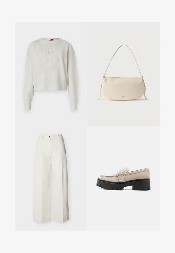 Sweatshirt court crème avec un design en tricot texturé, des poignets et un ourlet côtelés, et un logo "HUGO" en relief au centre.; Pantalon crème taille haute à jambes larges, avec passants de ceinture, fermeture à bouton unique et zip, présenté à plat sur un fond uni.; Mocassin en daim beige avec boucle argentée et semelle épaisse noire, vue de côté sur fond blanc.; Petit sac à épaule de couleur crème avec une seule sangle, fermeture éclair et logo de marque doré discret à l'avant.