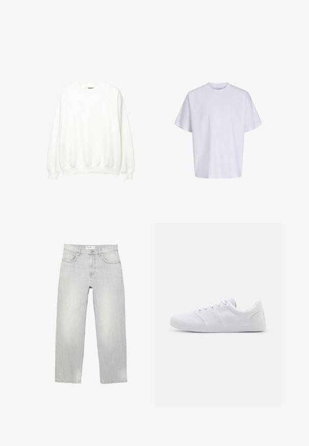 Hvid sweatshirt, rund hals, lange ærmer, afslappet pasform. Blødt stof med ribbede mansjetter og kant. Minimalistisk design, ingen synlige logoer eller mønstre.; Simpel hvid oversized t-shirt med korte ærmer, rund hals og løs pasform mod en hvid baggrund.; Lysegrå denimjeans med en afslappet pasform, der har fem lommer, en standard linning og let falmning i hele stoffet.; Hvide lærreds sneakers med gummisål, der har seks snørehuller, en struktureret tåkap og et minimalistisk design.