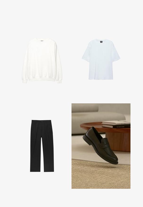 Hvid sweatshirt, rund hals, lange ærmer, afslappet pasform. Blødt stof med ribbede mansjetter og kant. Minimalistisk design, ingen synlige logoer eller mønstre.; Hvid, oversized T-shirt med korte ærmer og rund halsudskæring, med en sort etiket inde i kraven på en hvid baggrund.; Sorte bukser med lige ben, lavet af et glat stof. Har frontfolder og en enkelt knaplukning i taljen.; Sort læderloafer vist i luften over en beige vævet tæppe, med et træbord og stablede bøger i et blødt oplyst stue.