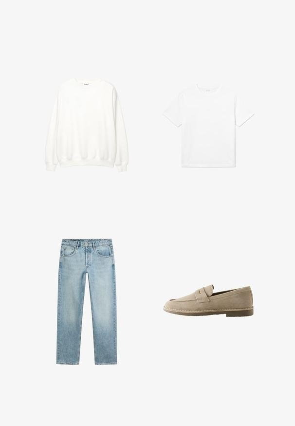 Hvid sweatshirt, rund hals, lange ærmer, afslappet pasform. Blødt stof med ribbede mansjetter og kant. Minimalistisk design, ingen synlige logoer eller mønstre.; Hvid bomulds T-shirt med korte ærmer, rund halsudskæring og lige kant. Glat tekstur uden synlige mønstre eller accenter.; Lyseblå jeans med lige ben, knap- og lynlåslukning, fem lommer og et falmet, let slidt udseende. Ingen synligt mærke.; Beige ruskind slip-on loafer med en syningsdetalje på remmen, lav hæl og gummisål, vist fra siden på hvid baggrund.