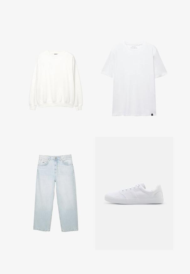 Hvid sweatshirt, rund hals, lange ærmer, afslappet pasform. Blødt stof med ribbede mansjetter og kant. Minimalistisk design, ingen synlige logoer eller mønstre.; Hvid kortærmet T-shirt i almindelig pasform med rund halsudskæring og lille sort stofetiket i bundkanten.; Lysblå højtaljede straight-leg jeans med frontknap, lommer og lille mærket metalmærke på den højre forlommer.; Hvide lærreds sneakers med gummisål, der har seks snørehuller, en struktureret tåkap og et minimalistisk design.