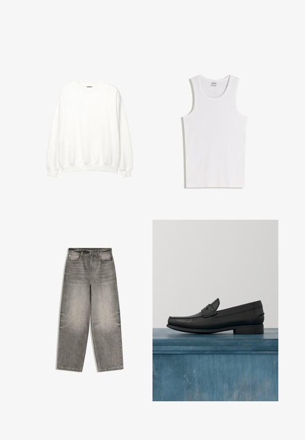 Hvid sweatshirt, rund hals, lange ærmer, afslappet pasform. Blødt stof med ribbede mansjetter og kant. Minimalistisk design, ingen synlige logoer eller mønstre.; Hvid bomulds tanktop med rund halsudskæring og brede skulderstropper. Glat tekstur, uden mønstre eller detaljer, enkelt design.; Grå denimjeans med vide ben, frontknap, lynlåslukning, bæltestropper og fem-lomme design lagt fladt på en hvid baggrund.; Sorte læderloafers med rund tå, detaljeret syning og en lav, firkantet hæl. Glat tekstur og minimalistisk design.