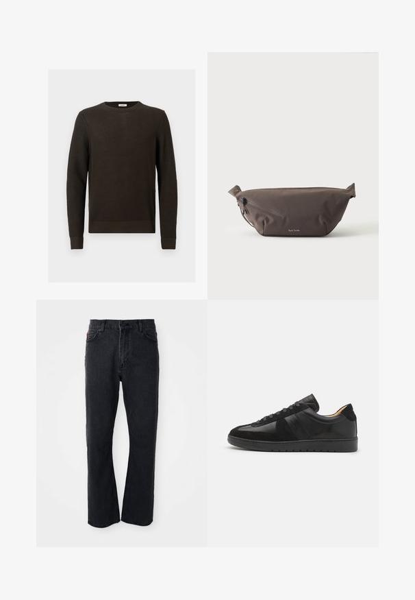 Un pull tricoté marron foncé avec un motif texturé, un col rond et des poignets côtelés. Présente une coupe décontractée et sans embellissements visibles.; Jean en denim noir avec une coupe droite, taille haute, fermeture par bouton, et des détails de couture subtils le long des poches et des coutures.; Tiger of Sweden BELLICU - Baskets basses - black; Sac banane en tissu marron foncé avec poche zippée en diagonale et petit logo blanc sur le devant, sur un fond clair uni.