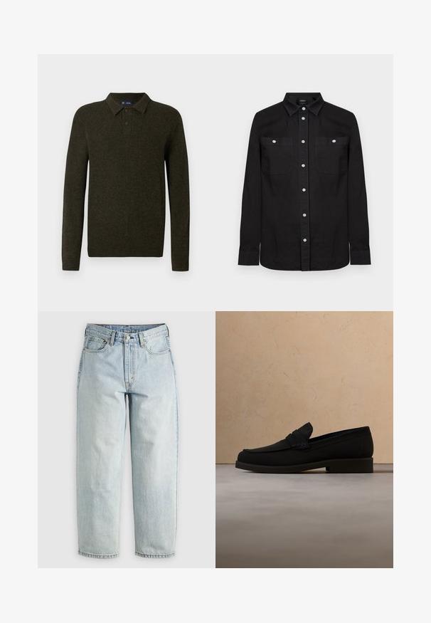 Grøn langærmet polo sweater med struktureret finish, to knaplukninger og ribstrikkede manchetter. Enkel, klassisk design der er velegnet til afslappet brug.; Sort langærmet skjorte med knapper og spids krave samt to brystlommer foran, hver sikret med en hvid knap.; Lysblå denimjeans med lige ben, fem lommer og knap-fly lukning; har slidte områder og subtile syninger.; Sort læderloafer, der svæver over beige tæppe med beige polstret sofa i baggrunden.