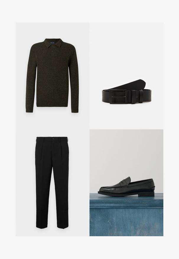 Polo en maille verte à manches longues avec une finition texturée, patte de boutonnage à deux boutons et poignets côtelés. Design simple et classique adapté à une tenue décontractée.; Pantalon noir à coupe droite, avec fermeture à bouton, passants de ceinture, plis latéraux et texture lisse. Pas de poches visibles.; Mocassins noirs en cuir avec un design élégant, comportant un bout cousu et une finition lisse. La chaussure possède un talon bas et un minimum de détails.; Ceinture en cuir noir roulée avec une boucle en métal rectangulaire noir mat et deux passants sur fond blanc.