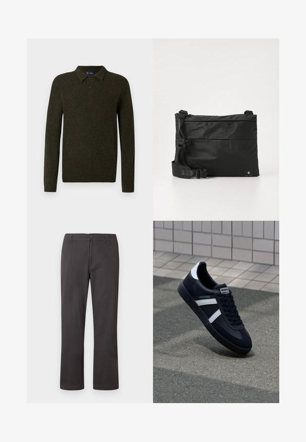 Suéter polo de manga larga verde con un acabado texturizado, tapeta de dos botones y puños acanalados. Diseño simple y clásico adecuado para uso informal.; Pantalones gris oscuro de corte recto con cierre de botones, presillas para cinturón y costuras frontales sutiles sobre un fondo blanco.; Zapatilla de cuero negra con rayas blancas, suela de goma texturizada y parte frontal con cordones. Cuenta con una etiqueta de marca en la lengüeta.; Bolso mensajero de nylon negro con correa ajustable, diseño plano y una etiqueta lateral con un logo. Textura suave y estilo minimalista.