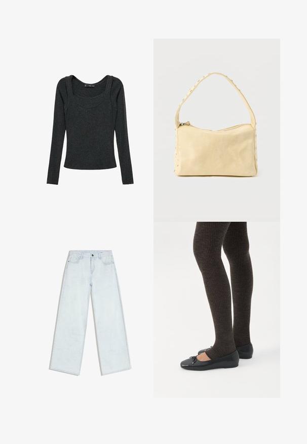 Langærmet top i mørkegrå, lavet af blødt stof. Har en rund halsudskæring og en tætsiddende silhuet med sømdetaljer ved skuldrene.; Lyseblå vidde-jeans med forreste knap og lynlås, bæltestropper og fem-lomme design, lagt fladt på hvid baggrund.; Ben iført mørke ribbede leggings kombineret med sorte balletsko med små sløjfedetaljer på hvid baggrund.; Lille beige læderhåndtaske med en enkelt rem og sølvnitter langs kanterne og remmen, sat mod en ensfarvet baggrund.