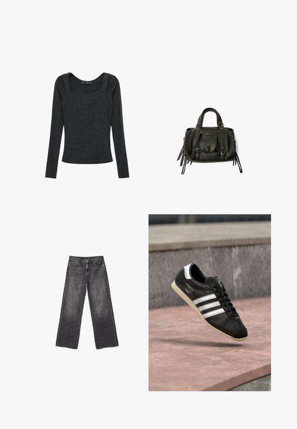 Langærmet top i mørkegrå, lavet af blødt stof. Har en rund halsudskæring og en tætsiddende silhuet med sømdetaljer ved skuldrene.; Mørkegrå denim jeans med vid ben, front- og baglommer, knaplukning og diskrete slidte detaljer.; Sort lædersneaker med hvide striber og sål, snøret, svævende over en rosa betonoverflade med en grå stenvæg i baggrunden.; Sort læderhåndtaske med flettede håndtag, lynlåslomme og hængende frynser. Tekstureret overflade med metalnitter og hardware-accenter.