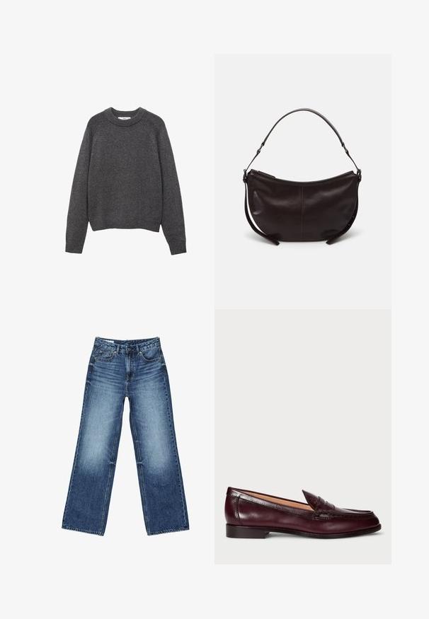 Mørkegrå sweater med rund hals, ribbede manchetter og kant. Strikket tekstur med en afslappet pasform og lange ærmer.; Blå denimjeans med falmet vask på lårene, lige bred ben-snit, foran med knap, lynlås og fem-lomme-stil.; Bordeaux lær loafers med en glat finish, rund tå, dekorativ syning og en lav hæl. Indersiden har en blød beige foring.; Mørkebrun læder skuldertaske med en buet form, glat tekstur og en enkelt justerbar rem. Har lynlåslukning.