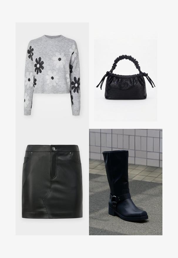 Pull en maille cropped gris clair avec des motifs floraux noirs et blancs, encolure ronde et poignets côtelés. Texture douce, design décontracté.; Mini-jupe en simili cuir noir avec un bouton à l'avant, fermeture éclair, poches avant et arrière, et détails de couture.; Botte en cuir noire mi-mollet avec un petit talon bloc et une bride décorative avec boucle métallique autour de la cheville, sur un trottoir carrelé.; Sac à main noir avec texture crocodile, bord supérieur froncé, poignée plissée et pompons à cordon de chaque côté sur fond blanc.