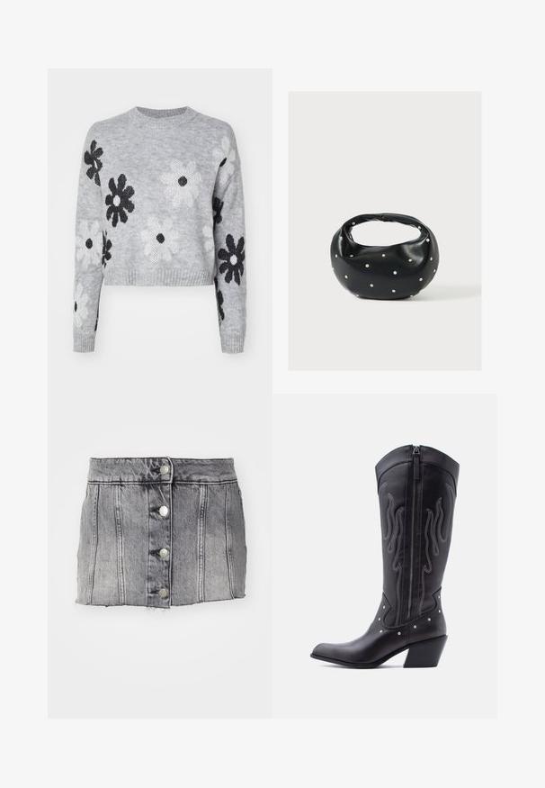 Lyst grå cropped striktrøje med sort og hvid blomstermønster, rund halsudskæring og ribbede manchetter. Blød tekstur, casual design.; Grå denimskørt med høj talje, fem sølvknapper, lodrette syninger og rå kant. Har en tætsiddende silhuet og en blød tekstur.; Sorte cowboystøvler i læder med spids tå, synlige sømme, sølvfarvede nitte-detaljer og lynlås på den indvendige side.; Sort læderhåndtaske med en rundet form, dekoreret med sølvnitter, og et kort håndtag. Glat tekstur og lynlåslukning.