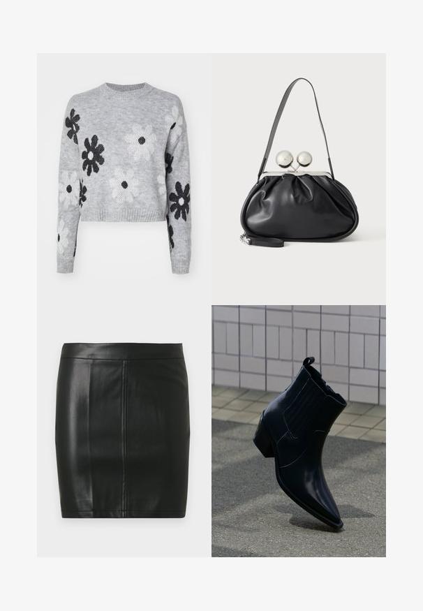 Lyst grå cropped striktrøje med sort og hvid blomstermønster, rund halsudskæring og ribbede manchetter. Blød tekstur, casual design.; Sort lædernederdel i minilængde med en glat tekstur, der har to lodrette sømme foran og et stramt, enkelt design.; Skinnende sort læderankelstøvle med blokhæl, elastiske sidepaneler og trækflig, placeret opret på tekstureret fortov nær flisebelagt væg.; Sort læderhåndtaske med opsamlet design, en enkelt rem, sølv metalramme og to store runde sølv lukninger.