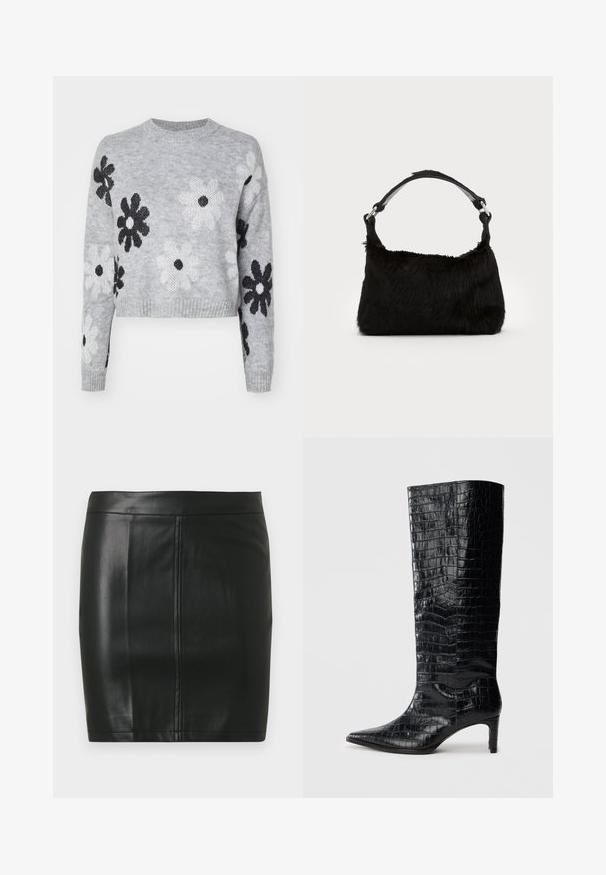Lyst grå cropped striktrøje med sort og hvid blomstermønster, rund halsudskæring og ribbede manchetter. Blød tekstur, casual design.; Sort lædernederdel i minilængde med en glat tekstur, der har to lodrette sømme foran og et stramt, enkelt design.; Sorte knæhøje støvler med en blank, krokodillemønstret tekstur, spids tå og en affaset hæl. Glat syntetisk materiale.; Sort faux fur håndtaske med en blød tekstur, rund form og en robust skulderrem i sort læder. Synlige sølvhardware-detaljer.