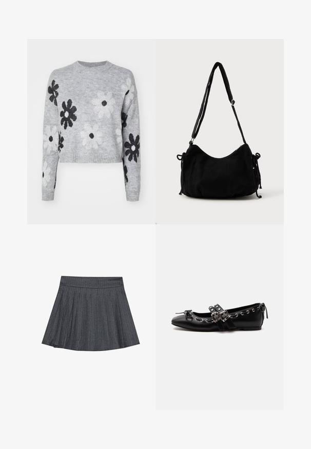 Lyst grå cropped striktrøje med sort og hvid blomstermønster, rund halsudskæring og ribbede manchetter. Blød tekstur, casual design.; Grå stribede skater nederdel med en tætsiddende talje, udformet i A-linje og en blød stofstruktur. Lodrette linjer øger den visuelle interesse.; Sort flad balletsko med dobbelt spænde, sølvøjer og en lille sløjfe nær den runde tå på en hvid baggrund.; Sort kordfløjls skuldertaske med en buet form, justerbar strop og snorelukninger på begge sider til størrelsejustering.