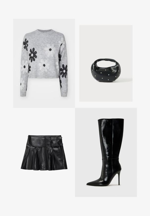 Lyst grå cropped striktrøje med sort og hvid blomstermønster, rund halsudskæring og ribbede manchetter. Blød tekstur, casual design.; Sort læderskirt med pliser, bred talje og to spænde-accenter på siden. Glat tekstur med en blank finish.; Sorte læderknælange støvler med spids tå og høj stilettohæl. Glat tekstur og slank design, med minimalt detaljer.; Sort læderhåndtaske med en rundet form, dekoreret med sølvnitter, og et kort håndtag. Glat tekstur og lynlåslukning.