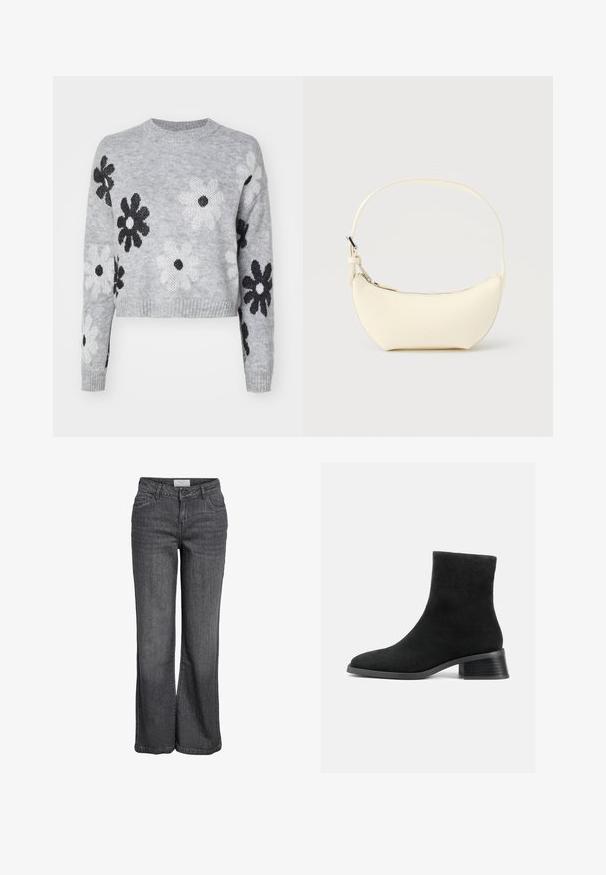 Lyst grå cropped striktrøje med sort og hvid blomstermønster, rund halsudskæring og ribbede manchetter. Blød tekstur, casual design.; Bredde ben jeans i mørkegrå denim. Har høj talje, traditionelt fem-lomme design og en ren kanten uden udsmykning.; Sort ruskind ankelstøvle med rund tå, kort skaft og lav stablet hæl. Glat tekstur uden synlige mønstre eller pynt.; Lille, halvmåneformet håndtaske i cremelæder med en enkelt rem og lynlås i toppen på en ensfarvet baggrund.