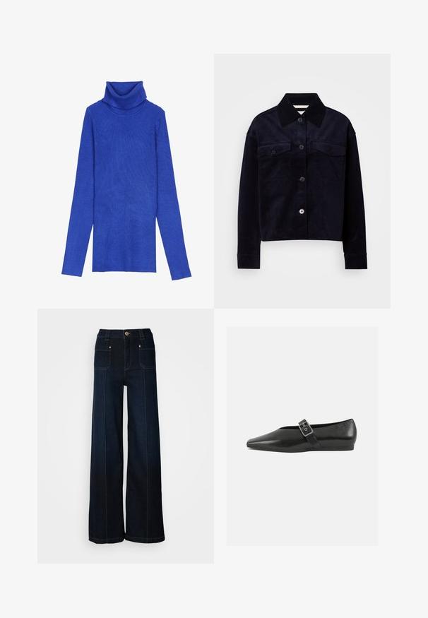 Kongeligt blåt ribstrikket turtleneck-sweater lavet af tekstureret stof med lange ærmer og en fold-over krave, der har en smal pasform.; Mørkeblå kordfløjlsjakke med stor spids krave, knaplukning foran og to klapbrystlommer med knapper.; Bredde ben denimjeans i mørkeblå. Har forlommer, guldfarvet hardware og kontrasterende syninger. Glat tekstur med et afslappet design.; Sorte læder flade sko med spidse tæer, prydet med en metallisk spænde over vristen og en lav, fleksibel sål.
