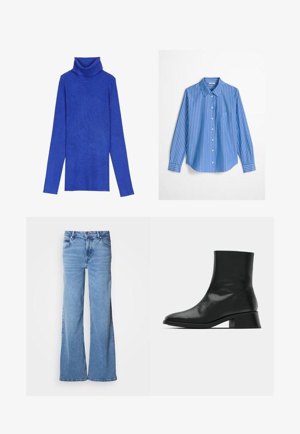 Kongeligt blåt ribstrikket turtleneck-sweater lavet af tekstureret stof med lange ærmer og en fold-over krave, der har en smal pasform.; Lyseblå skjorte med knapper, lodrette hvide striber, spids krave, lange ærmer og en lomme på venstre bryst.; Lyseblå jeans med vid ben lavet af denim. Har et klassisk fem-lomme-design og synlig knaplukning. Blød tekstur og enkel finish.; Sort ankelstøvle lavet af blank læder, med et strømlinet design, spids tå og en moderat blokhælhøjde for stabilitet.