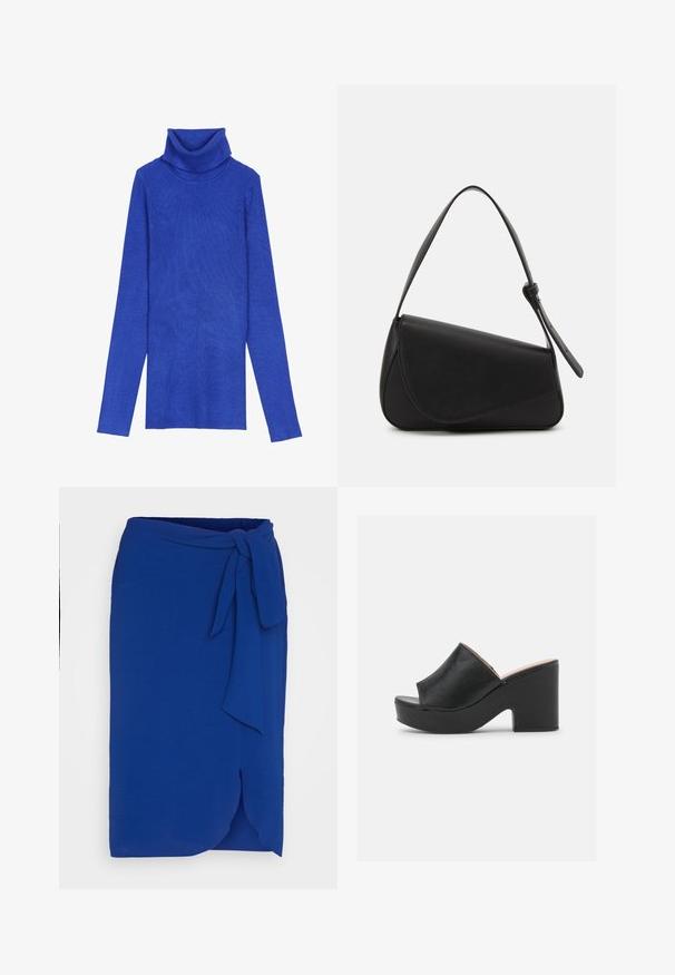 Kongeligt blåt ribstrikket turtleneck-sweater lavet af tekstureret stof med lange ærmer og en fold-over krave, der har en smal pasform.; Blå indpakningskjole lavet af letvægtsstof, med en bindelukning i taljen, en asymmetrisk bundkant og en glat tekstur.; Sorte læder open-toe mules har et bredt forreste strop og en chunky, høj platformhæl med en glat tekstur. Vist fra siden.; Sort læderhåndtaske med en triangular form, skrå klap og et rundt håndtag. Har en glat overflade og minimalistiske design detaljer.
