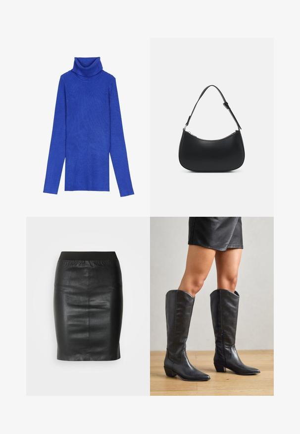 Kuningrubiinist ribidega turtleneck-sweater, valmistatud tekstuurilisest kangast, pika varrukaga ja kokkuvolditava kaelusega, millel on saledat lõiget.; Must mustaline seelik, mis on valmistatud siledast nahast, elastse vöökohaga, et saavutada vormiv siluett ja minimalistik disain.; Mustad põlvekõrgused saapad, mis on valmistatud siledast nahast, terava toe, madala plokkkontsaga ja külgseppadega mugavaks selga panemiseks.; Pieces PCALUANA SHOULDER BAG - Käekott - black