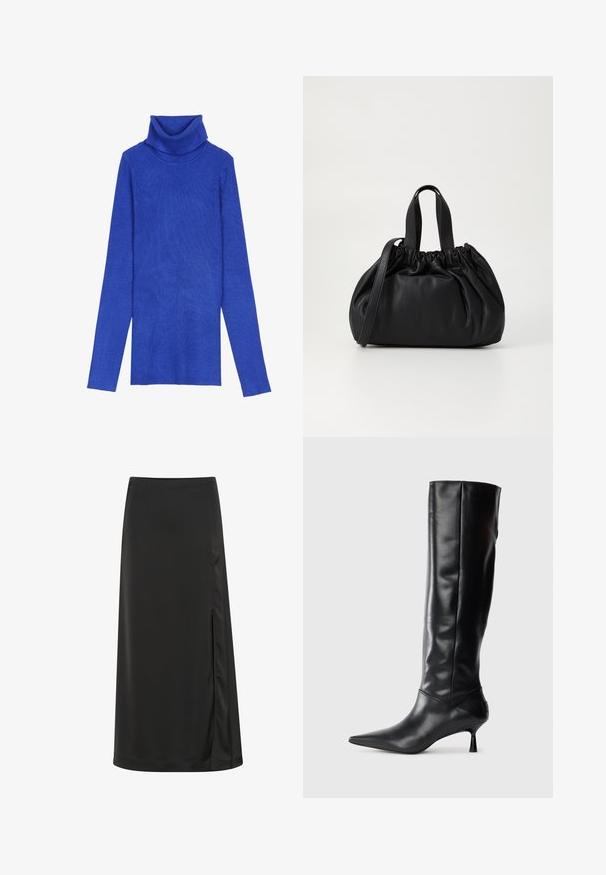 Kuningrubiinist ribidega turtleneck-sweater, valmistatud tekstuurilisest kangast, pika varrukaga ja kokkuvolditava kaelusega, millel on saledat lõiget.; Mustaline mustast seest valmistatud seelik, mis on valmistatud siledast kangast ja millel on külgsuletus ning struktureeritud vöökoht. Lihtne, sujuv disain ilma nähtavate mustrite või aktsentideta.; Must musta kõrge saabas terava ninaga ja sihvakate kaartega kontsadega. Sile tekstuur, keha vastav disain ja nähtava riistvarata või mustriteta.; Mustmust mustkott mustrihmaga ülaosa disainiga, millel on kaks lühikest käepidet ja pikk reguleeritav rihm. Sile tekstuur, ümar kuju.