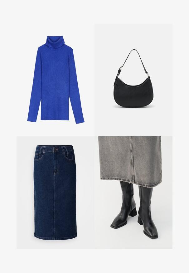 Suéter de cuello alto acanalado en azul royal, hecho de una tela texturizada, con mangas largas y un cuello doblado, que presenta un diseño ajustado.; Falda midi de mezclilla en azul oscuro, con corte recto, bolsillos frontales y costuras en contraste de color naranja. Textura suave con un diseño minimalista.; Botas negras hasta la rodilla de cuero liso con punta cuadrada y tacón cuadrado. Llevadas con una falda de mezclilla gris con dobladillo desflecado.; Bolso hobo negro hecho de cuero suave con una silueta curva, que cuenta con una sola correa ajustable y detalles de diseño minimalistas.