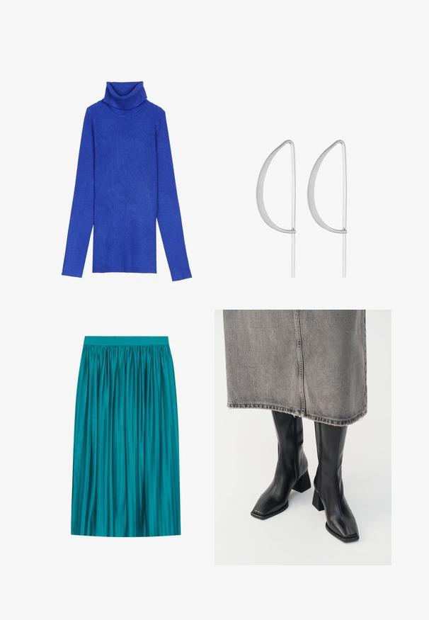 Kuningrubiinist ribidega turtleneck-sweater, valmistatud tekstuurilisest kangast, pika varrukaga ja kokkuvolditava kaelusega, millel on saledat lõiget.; Tükotoote kant vannivärvi riba palju kuma, mis on elastsest vööst valmistatud, ning kui seda vaadata, on see täiesti sujuv. Tootel on krae lõpetatult miiti cuffsis. Kirjeldus hõlmab kvaliteeti ja elegantsust, mis kindlasti rõhub oma ostu tööle.; Mustad põlvini nahast saapad, millel on ruudukujuline varvas ja klotsikontsa. Kandmisel halli teksaseelikut, mille serv on frakreebriga.; Hõbedased metallist kõrvarõngad minimalistikus kõverdisainis, millel on piklikud, avatud pisarakujulised vormid ja matistatud pind.