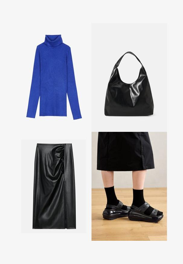 Kongeligt blåt ribstrikket turtleneck-sweater lavet af tekstureret stof med lange ærmer og en fold-over krave, der har en smal pasform.; Sort læderskirt med en glat overflade, der har en indsamlet sektion på den ene side og en skråning på siden for ekstra detaljer.; Sorte, kraftige sandaler med blank overflade og to justerbare stropper, båret med sorte sokker. Ligger på et struktureret trægulv.; Sort læder hobo taske med en blød, skinnende tekstur og en rund, åben top. Har en bred, buet strop til bæring. Ingen synlig hardware.