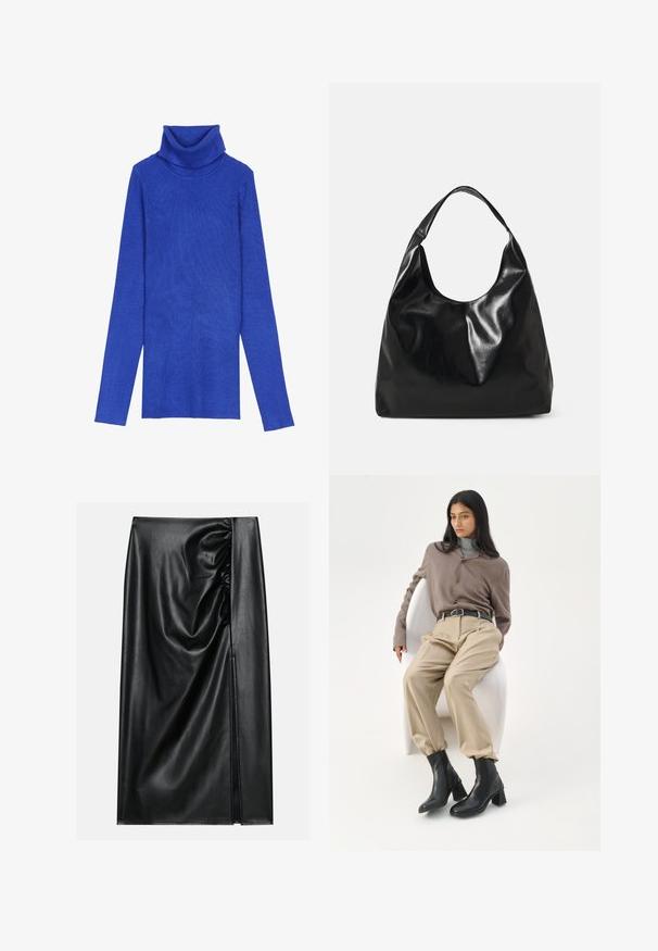 Suéter de cuello alto acanalado en azul royal, hecho de una tela texturizada, con mangas largas y un cuello doblado, que presenta un diseño ajustado.; Falda de cuero negro con una textura suave, con una sección fruncida en un lado y una abertura lateral para añadir detalle.; Mujer con cabello largo y negro apoyada en una silla curva blanca, vistiendo una blusa topo, pantalones beige, cinturón negro y botines negros con tacón.; Bolso hobo de cuero negro con una textura suave y brillante y un diseño de parte superior redondeada y abierta. Cuenta con una amplia correa curvada para llevar. Sin hardware visible.