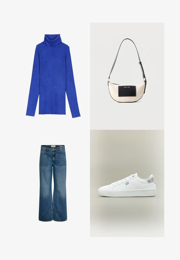 Kongeligt blåt ribstrikket turtleneck-sweater lavet af tekstureret stof med lange ærmer og en fold-over krave, der har en smal pasform.; Lyseblå denim wide-leg jeans med høj talje, forlommer og diskret falming ved benene. Klassisk fem-lomme design.; Hvid lavsko i læder med metallisk sølv hælflap, snørelukning og "GAP" logo på siden og sålen.; Beige skuldertaske formet som en halvmåne med justerbar sort rem og sort rektangulært mærke foran med lille hvid tekst.
