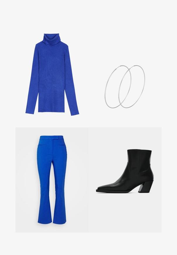 Royal modrý rebrovaný rolák vyrobený z textúrovaného materiálu, s dlhými rukávmi a prekladaným golierom, s priliehavým strihom.; b.young BYDELONA PANTS - Nohavice - nautical blue; Čierna kožená členková topánka s špicatou špičkou, elegantným siluetou a masívnym štvorecovým podpätkom. Hladký povrch s minimálnymi švovými detailmi.; Strieborné kruhové náušnice s minimalistickým dizajnom. Cirkulárny tvar, hladký povrch a tenký profil. Ľahké s lesklým povrchom.