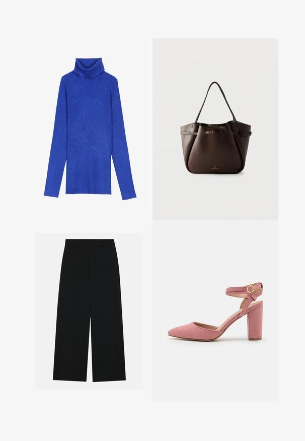 Kuningrubiinist ribidega turtleneck-sweater, valmistatud tekstuurilisest kangast, pika varrukaga ja kokkuvolditava kaelusega, millel on saledat lõiget.; Laiad mustad püksid, mis on valmistatud siledast kangast. Omavad tasast vööpinki koos vöölõngadega ja ilma nähtavate taskuteta. Lihtne disain.; Roosa sametist kõrge kontsaga king, terava varbaga, pahkluu riba koos kuldse rõnga aktsendiga ja paks ruudukujuline konts.; Tumepruun nahast käekott kahe õlarihmaga, ees tõmbluku detail ja „Anna Field“ logo alumises keskkohas.