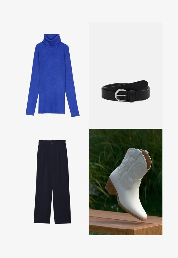 Kuningrubiinist ribidega turtleneck-sweater, valmistatud tekstuurilisest kangast, pika varrukaga ja kokkuvolditava kaelusega, millel on saledat lõiget.; Tumesinine laiad püksid, millel on sile tekstuur, elastne vöökoht, üks eesmine voldik ja nööbi sulgemine vöö kohal.; Valge keskpikk nahast kauboisäärik dekoratiivse õmblusega ja kuhjatud puidust kand, mis toetub tõrva pinnale õues.; Mustmust mustriba hõbedase ümarale põlle, lame disain, kitsenev ots, sile tekstuur ja minimalismi stiil.