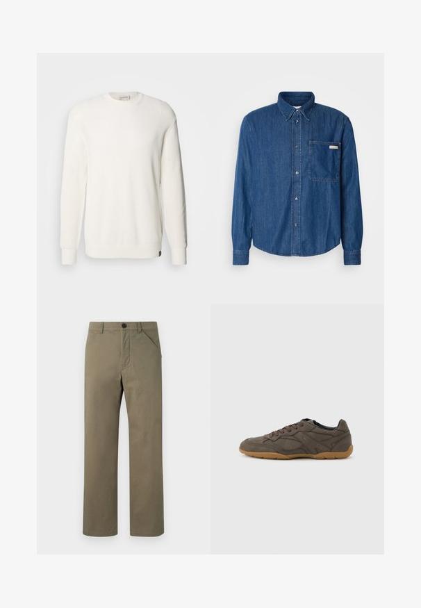 Calvin Klein Jeans CREW - Striktrøje - tofu; Denimskjorte i mørkeblå med knaplukning foran, krave, lange ærmer og en lomme på venstre side. Har et diskret logo-label.; Lyse olivengrønne bukser lavet af glat, robust stof. Har en knap- og lynlås-lukning, sidelommer og en lige ben-design.; Brun ruskind og læder lavtop sneaker med gummisål og snørelukning, sidesøm detaljer og diskret mærkeprægning.