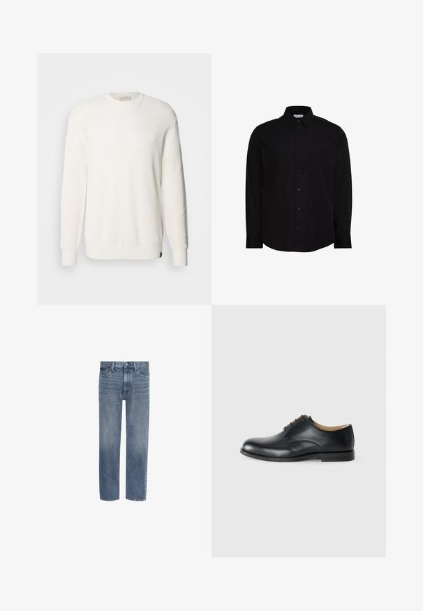 Calvin Klein Jeans CREW - Jersey de punto - tofu; Camisa negra de manga larga con botones, confeccionada en una tela suave. Cuenta con un cuello clásico, tapeta frontal y un pequeño logo en el pecho.; Vaqueros de denim azul con pierna recta, bolsillos delanteros, trabillas para cinturón y cierre de botón.; Calvin Klein ESS DERBY - Zapatos de vestir - triple black