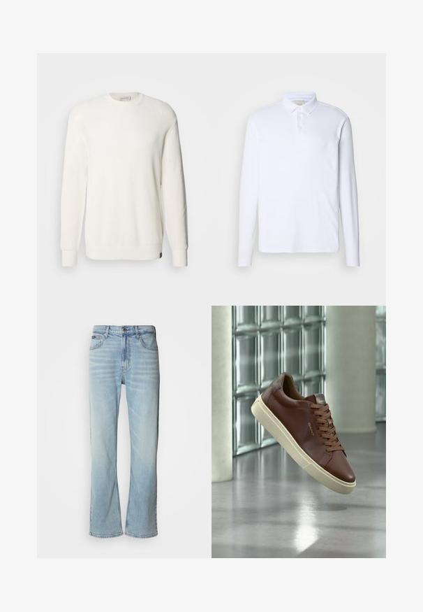 Calvin Klein Jeans CREW - Pullover - tofu; Chemise polo blanche à manches longues en tissu doux, dotée d'un col classique, d'une patte de boutonnage à trois boutons et d'un logo discret sur la poitrine.; Jeans en denim bleu clair avec une coupe droite, dotés de cinq poches, d'une fermeture à bouton et d'une légère décoloration sur le tissu.; Baskets en cuir marron avec semelle et lacets beige, affichant le logo "GANT", positionnées au-dessus d'un sol gris réfléchissant avec un mur en blocs de verre en arrière-plan.