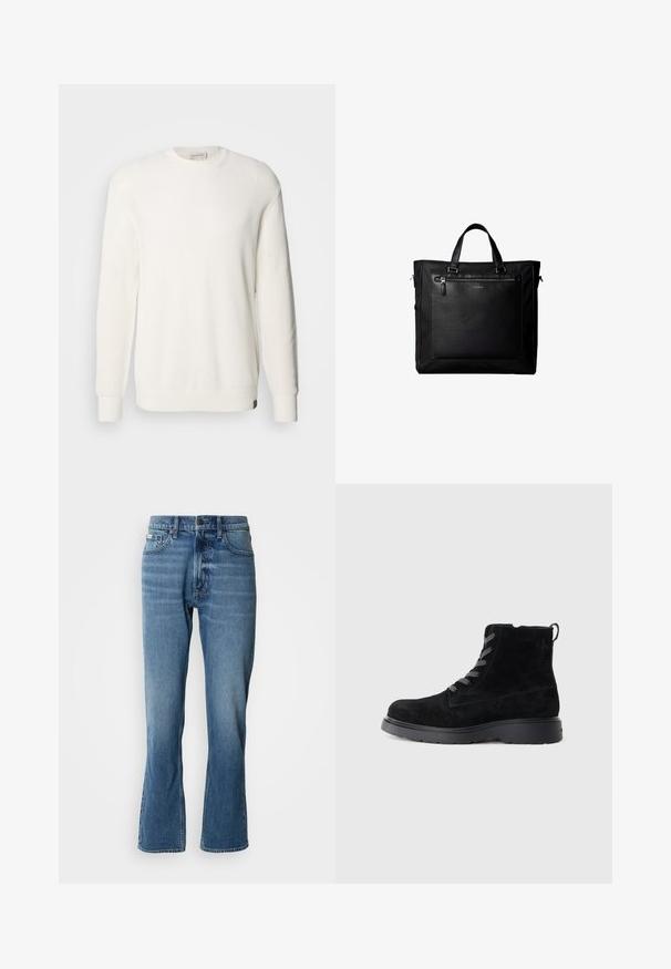 Calvin Klein Jeans CREW - Svetrík - tofu; Svetlo modré denimové rifle s rovnými nohavicami a jemným rozšírením. Majú päť vreciek, zapínanie na gombík a jemné detaily zohybovania.; Čierne semišové členkové čižmy s textúrovaným povrchom, okrúhlou špičkou, šedými šnúrkami a pevným čiernym podpätkom. Obsahujú malý úchyt na zadnej strane.; Čierna taška so dvojitými rukoväťami, veľkou koženou prednou vreckou so zipsom a jemným logom Calvin Klein v strede vrecka.