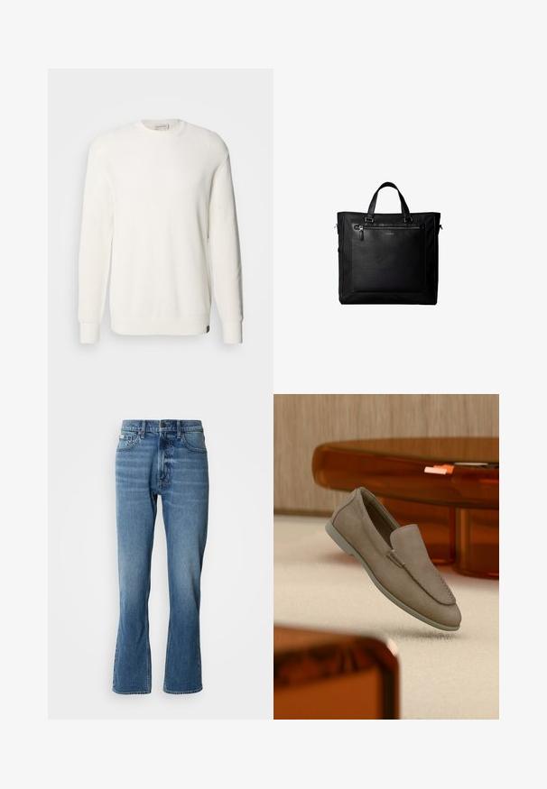 Calvin Klein Jeans CREW - Svetrík - tofu; Svetlo modré denimové rifle s rovnými nohavicami a jemným rozšírením. Majú päť vreciek, zapínanie na gombík a jemné detaily zohybovania.; Béžový semišový mokasín bez šnurovania s viditeľným šitím a svetlou podrážkou, umiestnený na krémovom koberci, na pozadí s oranžovým priehľadným nábytkom.; Čierna taška so dvojitými rukoväťami, veľkou koženou prednou vreckou so zipsom a jemným logom Calvin Klein v strede vrecka.