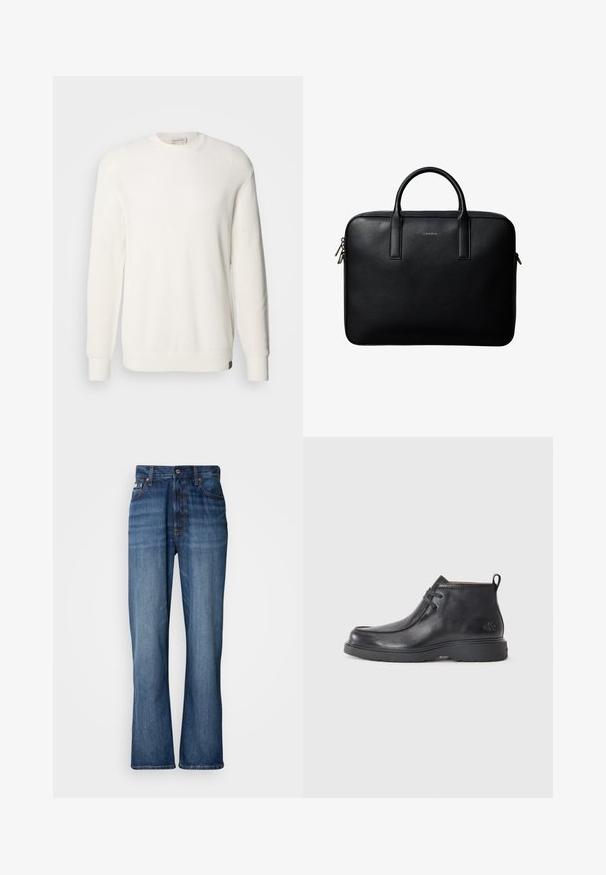 Calvin Klein Jeans CREW - Jersey de punto - tofu; Jeans de mezclilla azul con cintura alta, piernas acampanadas, diseño de cinco bolsillos y costuras tonales. Cuenta con cierre de botón y bolsillos remachados.; Botas de cuero negras hasta el tobillo con punta redondeada, diseño con cordones y una lengüeta en la parte trasera. Parte superior texturizada y suela de goma.; Maletín de cuero negro texturizado con doble asa y tiradores de cremallera plateados, centrado sobre fondo blanco.