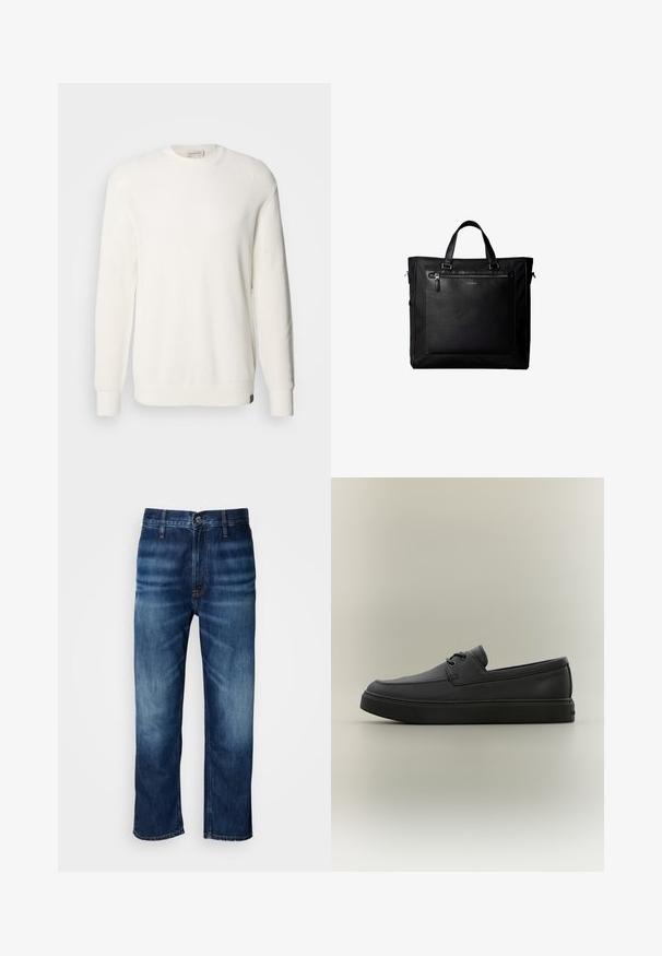 Calvin Klein Jeans CREW - Jersey de punto - tofu; Jeans de mezclilla rectos de color azul oscuro con un leve desvanecimiento en los muslos y un cierre de botón en la cintura, exhibidos sobre un fondo blanco.; Mocasín casual negro de cuero con detalles de cordones y suela gruesa de goma, visto de lado sobre un fondo neutro.; Bolsa tote negra con asas dobles, gran bolsillo delantero de cuero con cremallera y sutil logo de Calvin Klein en el centro del bolsillo.