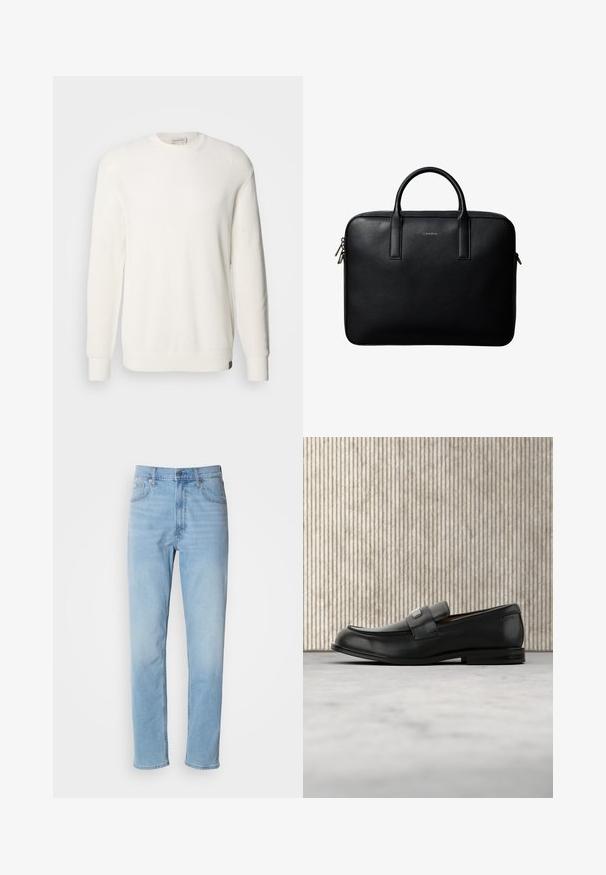 Calvin Klein Jeans CREW - Svetrík - tofu; Svetlomodré džíny z denimu so strihom rovného strihu, piatimi vreckami a pútkami na opasok. Textil má hladkú štruktúru s jemným efektom vyblednutia.; Čierny kožený loafer s kovovou značkovou platničkou ležiaci pri hnedom okrúhlom stole na béžovej koberci.; Čierna textúrovaná kožená aktovka s dvojitými rúčkami a striebornými zipsami, centrovaná na bielom pozadí.