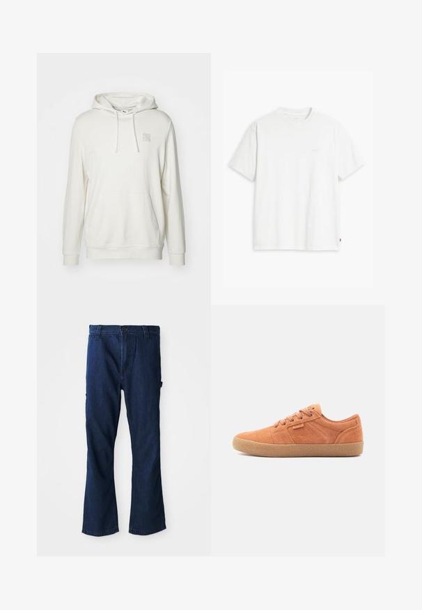 Lys beige hoodie lavet af en bomuldsblandingsmateriale. Har en kængurulomme, snoretrækslids og et lille logo-patch på brystet.; Hvid t-shirt i bomuld med korte ærmer, rund halsudskæring og en diskret "Levi's"-logo trykt i lyse farver på forsiden.; Blå denim jeans med lige ben, knaplukning og to sidelommer med en let falmet struktur.; Tan ruskinds sneakers med en tekstureret overflade, rund tå og gummisål. Har snørebåndsdesign og syede detaljer på siderne.